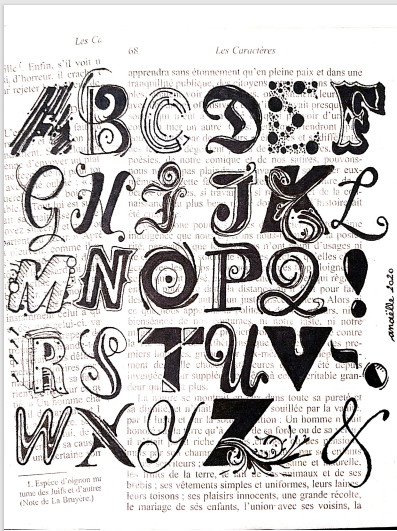 alphabet en calligraphie que j'ai réalisé en plusieurs feutres noir, chaque lettre à une forme différente.