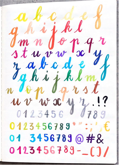 carnet avec alphabet et chiffre écrit en calligraphie de toute les couleurs